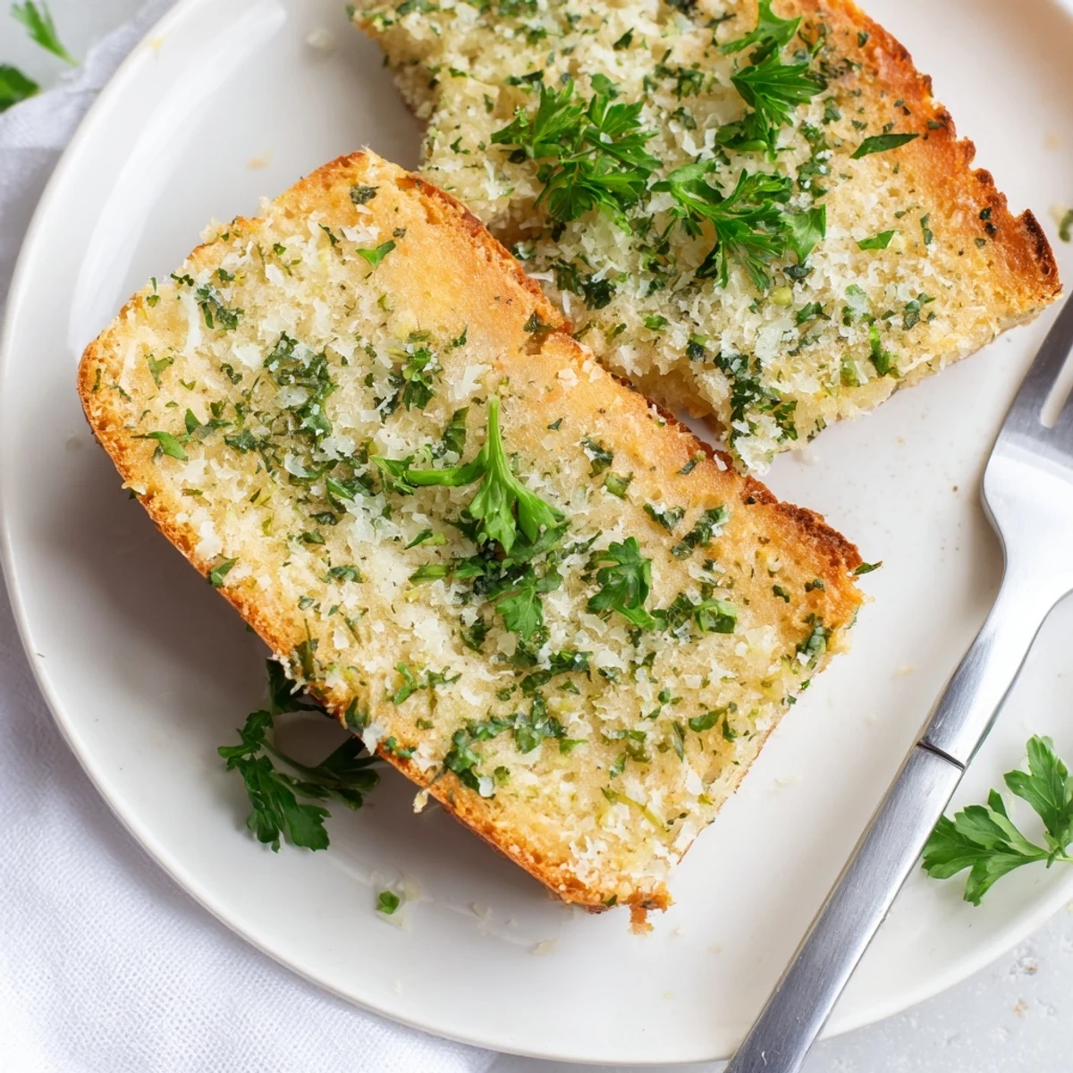 Freshly baked Parmesan herb keto bread garnished with chopped parsley and ready to serve