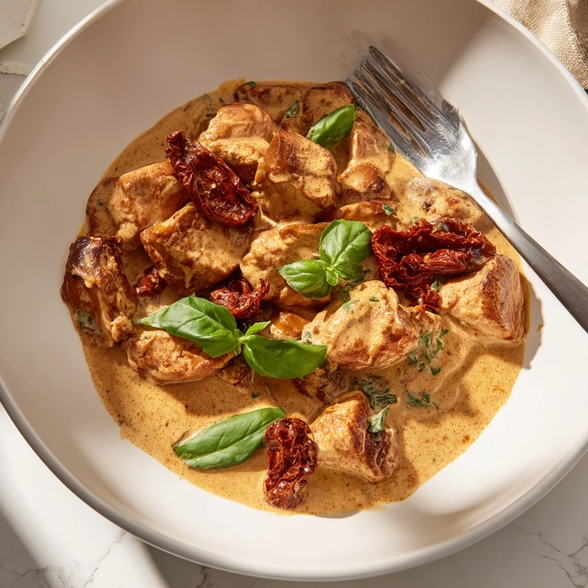 Golden brown chicken breasts swimming in rich creamy sun-dried tomato parmesan sauce topped with fresh basil