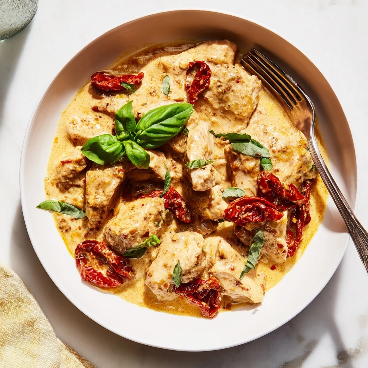 Juicy pan-seared chicken simmered in thick red tomato parmesan sauce with aromatic herbs and spices