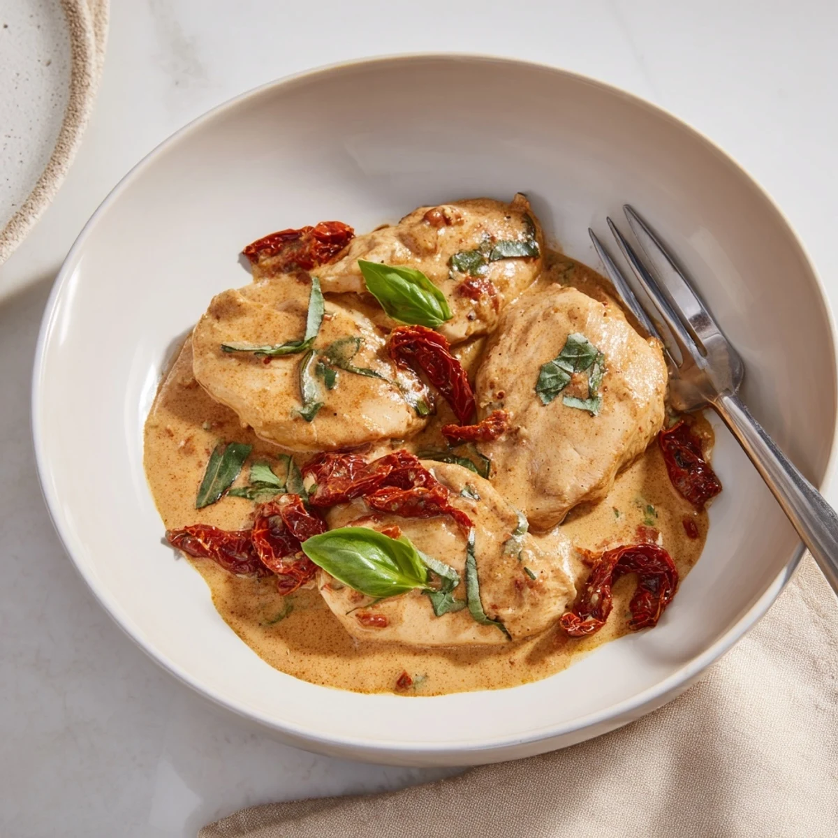 High protein marry me chicken served piping hot garnished with chopped basil over white plate