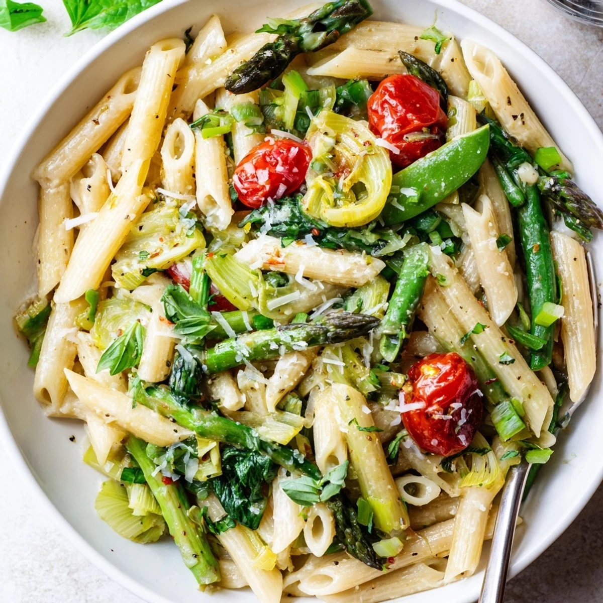 Golden one pot spring vegetable pasta with tender asparagus, snap peas, and cherry tomatoes in a creamy broth