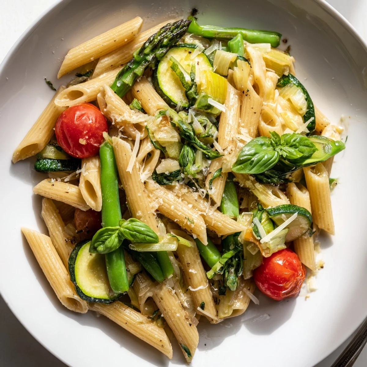 Vibrant Italian-inspired one pot spring vegetable pasta tossed with fresh zucchini, spinach, and grated Parmesan cheese
