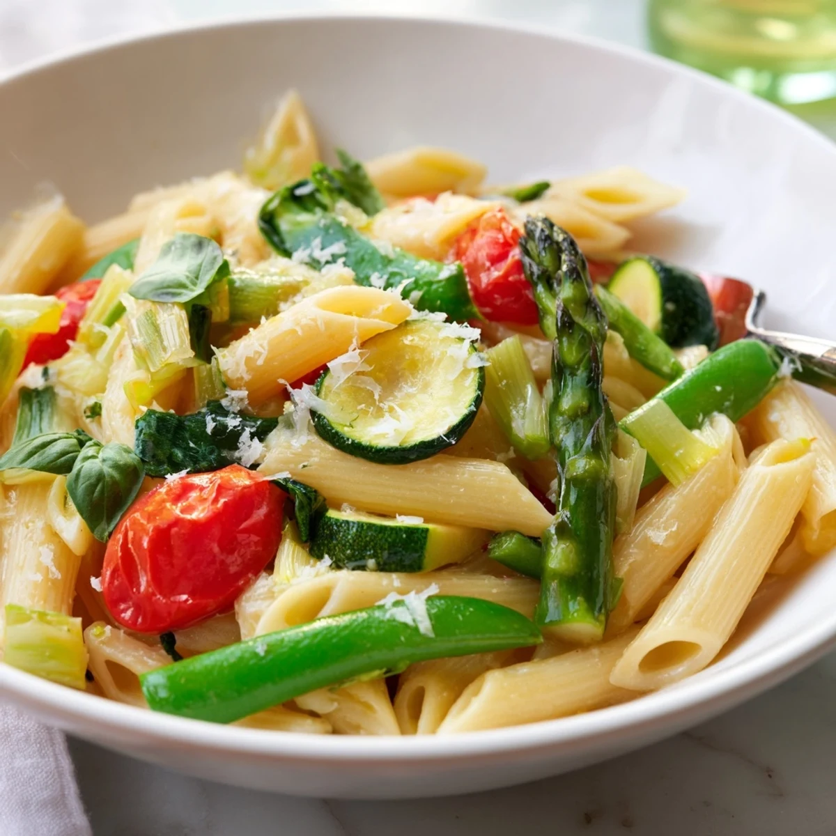 Colorful bowl of one pot spring vegetable pasta featuring al dente pasta and seasonal vegetables in lemon-garlic sauce