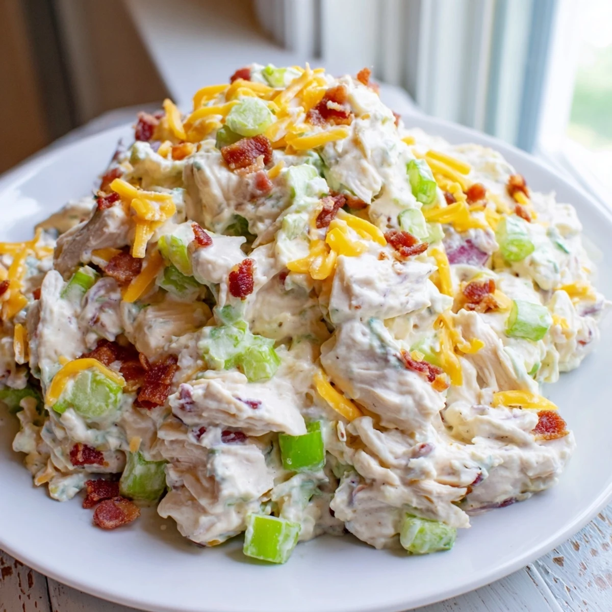 Creamy keto chicken salad loaded with jalapenos, bacon bits, and melted cheddar cheese in a white bowl