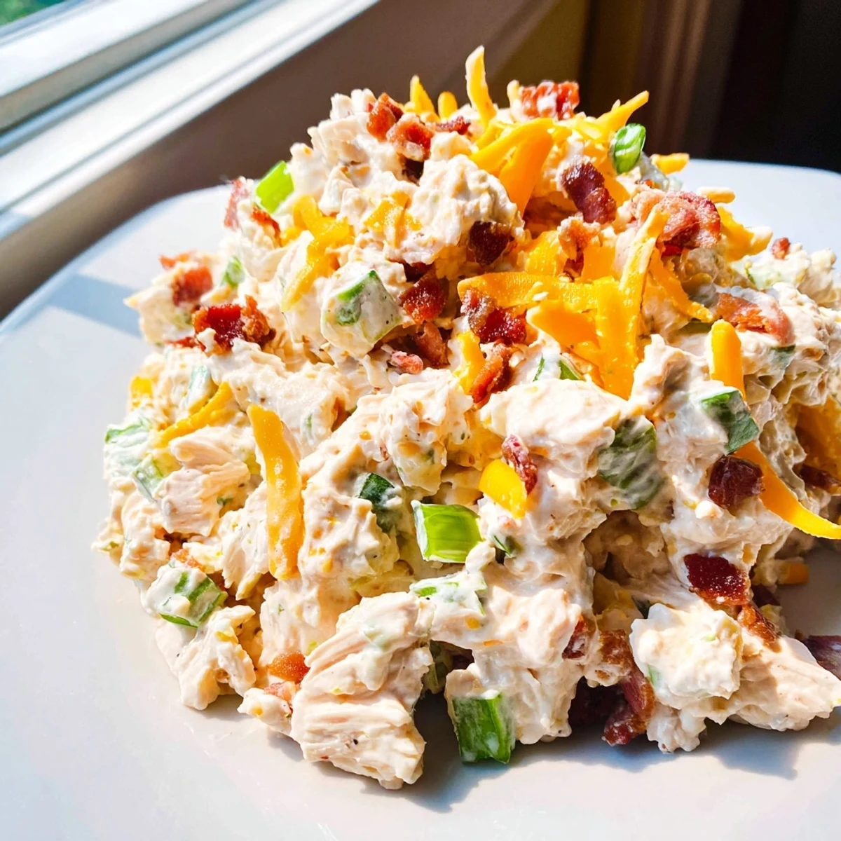 Spoonful of low carb jalapeno popper chicken salad with green onions, cheddar, and crunchy bacon crumbles