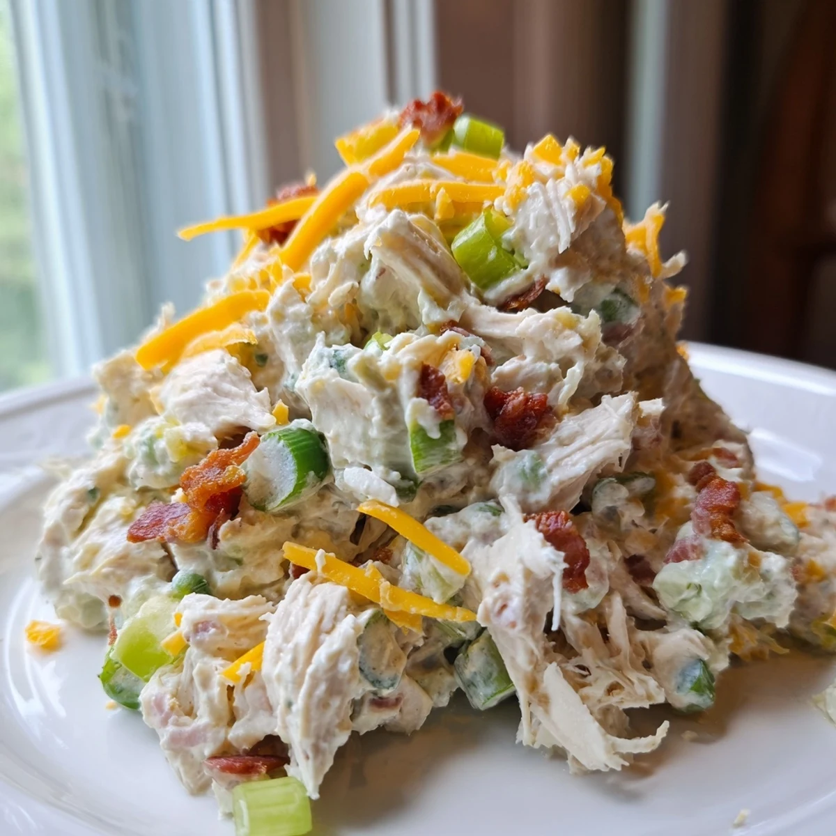 Spicy jalapeno popper chicken salad featuring crisp bacon, diced celery, and tangy cream cheese mayo base