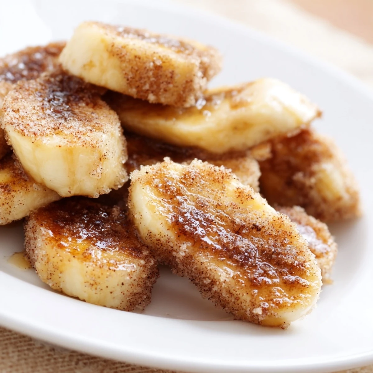 Warm slices of pan fried cinnamon bananas arranged on a white plate