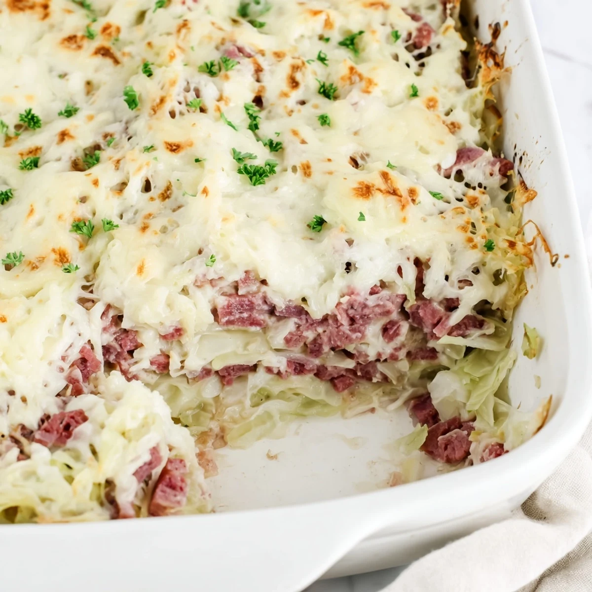 Golden bubbly creamy corned beef cabbage parmesan bake fresh from oven