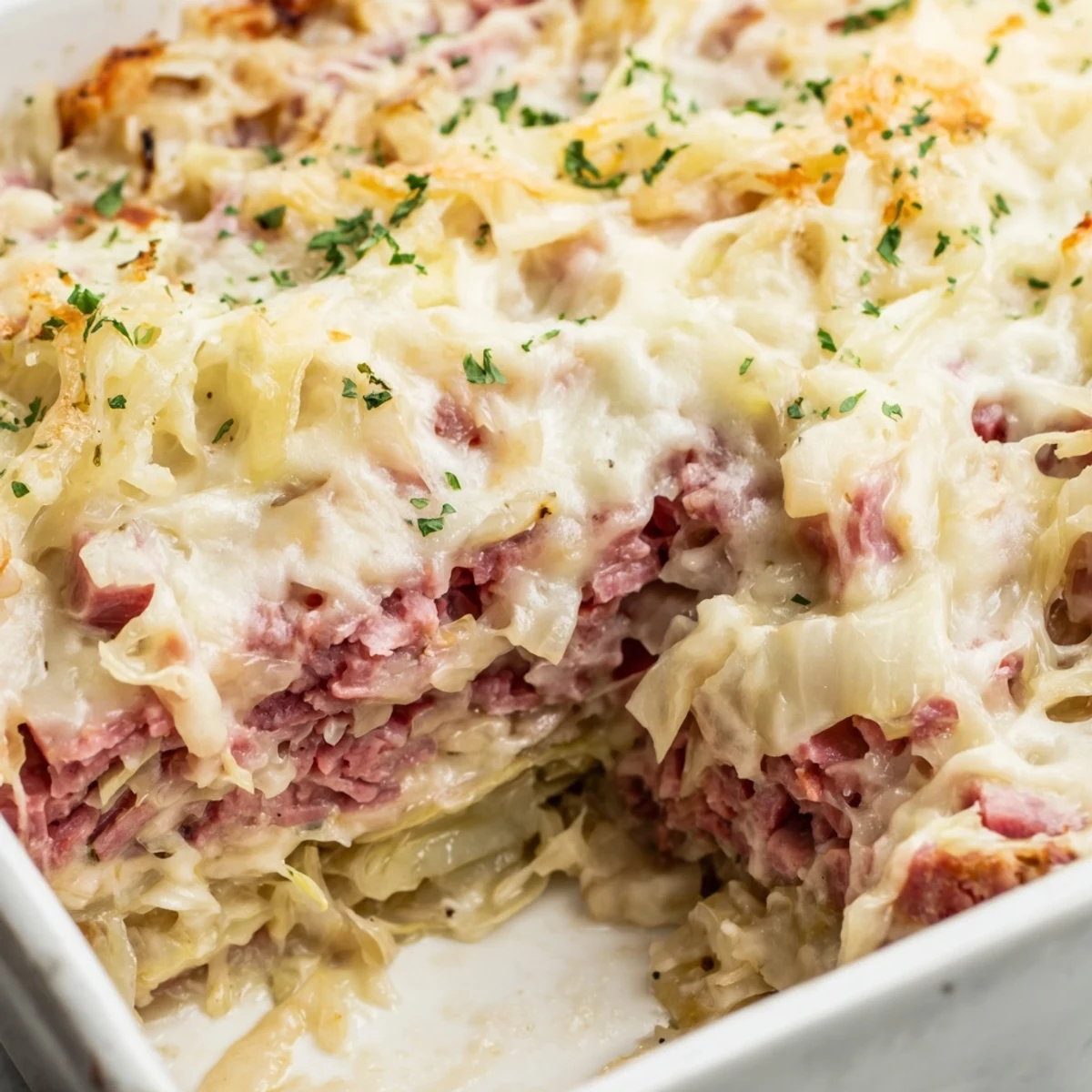 Hearty corned beef cabbage parmesan bake with golden brown cheesy crust