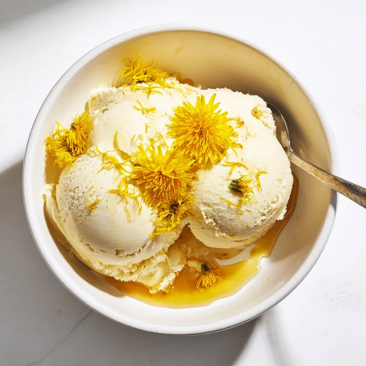Homemade dandelion honey ice cream served in vintage glass with delicate yellow petals