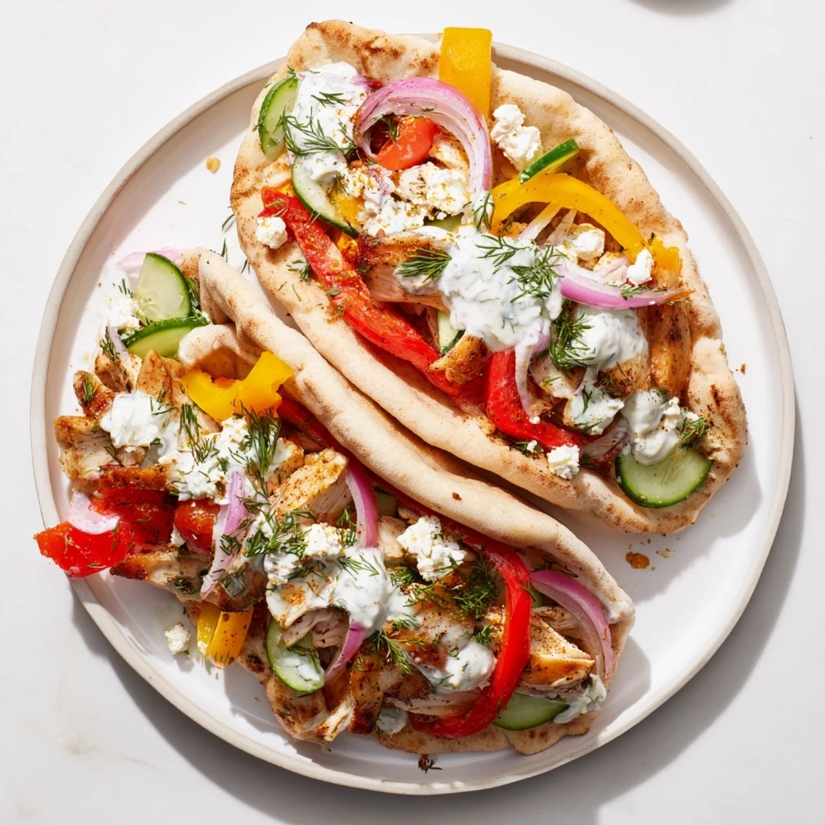 Golden roasted chicken and colorful vegetables stuffed inside warm pita breads drizzled with creamy herby ranch sauce