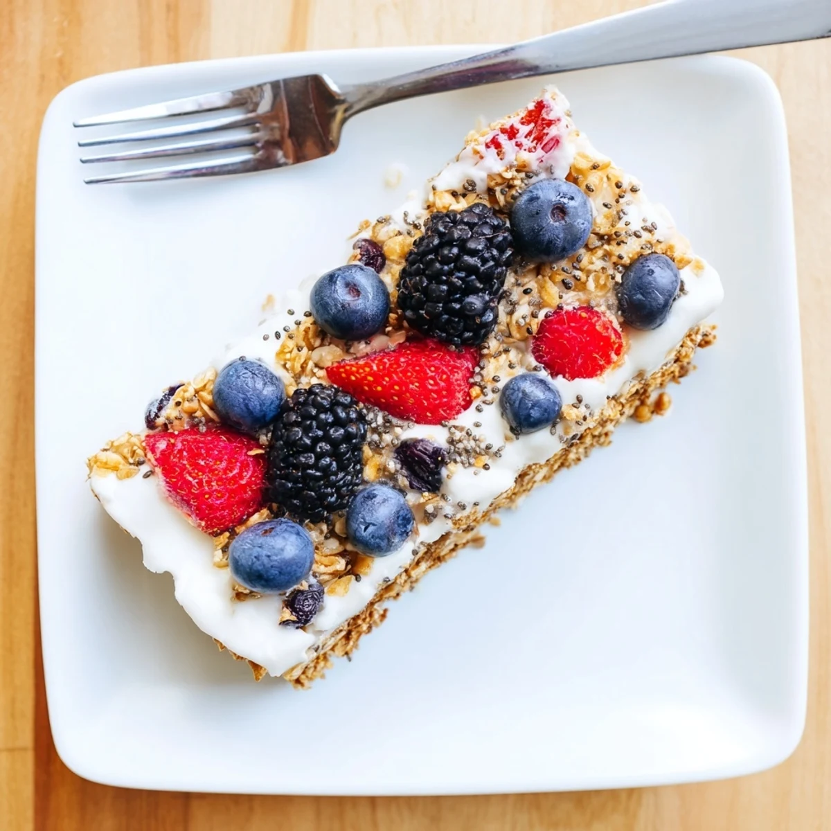 No bake frozen yogurt berry granola bars layered with Greek yogurt and colorful fresh berries