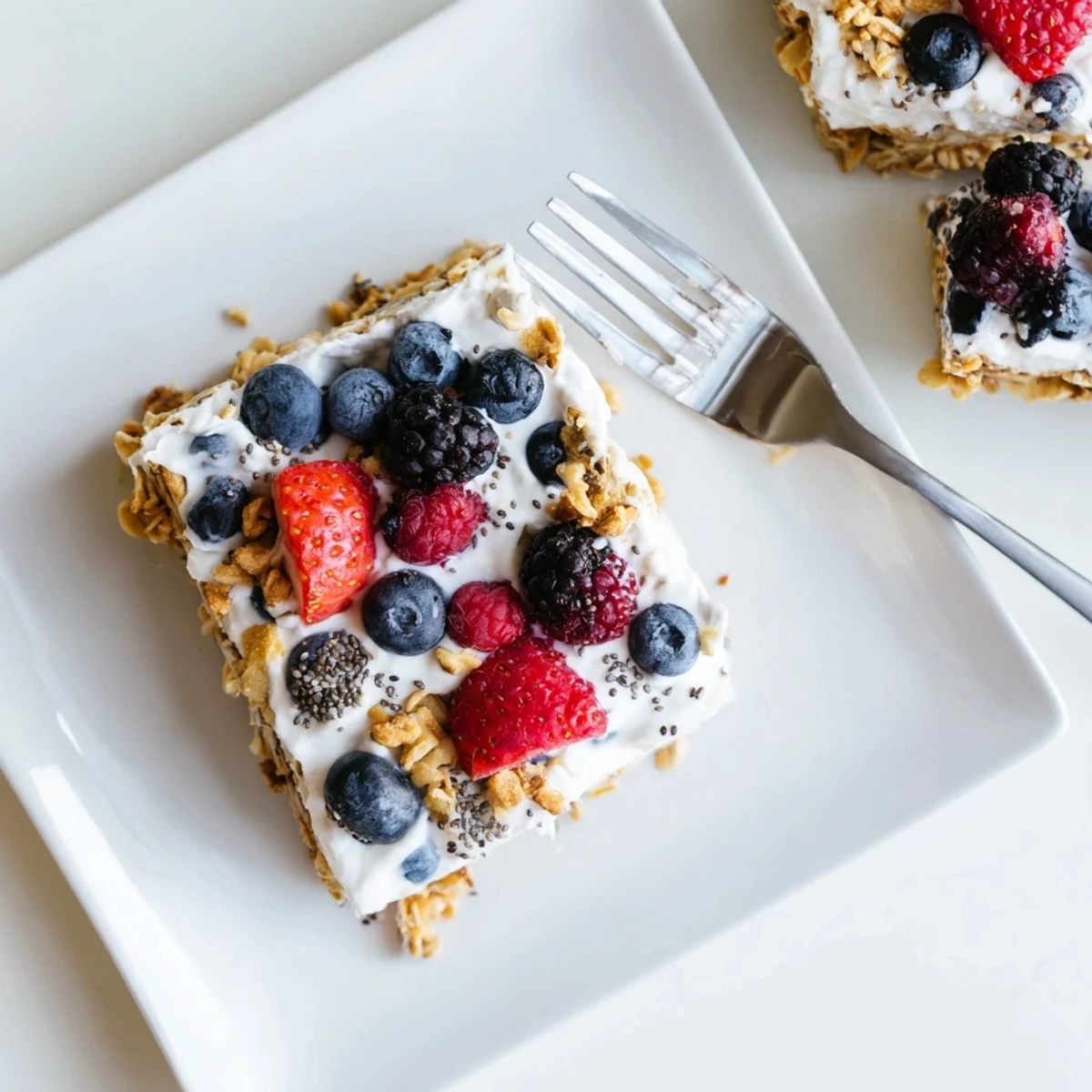 Frozen yogurt berry granola bars featuring crunchy granola base topped with vibrant mixed berries