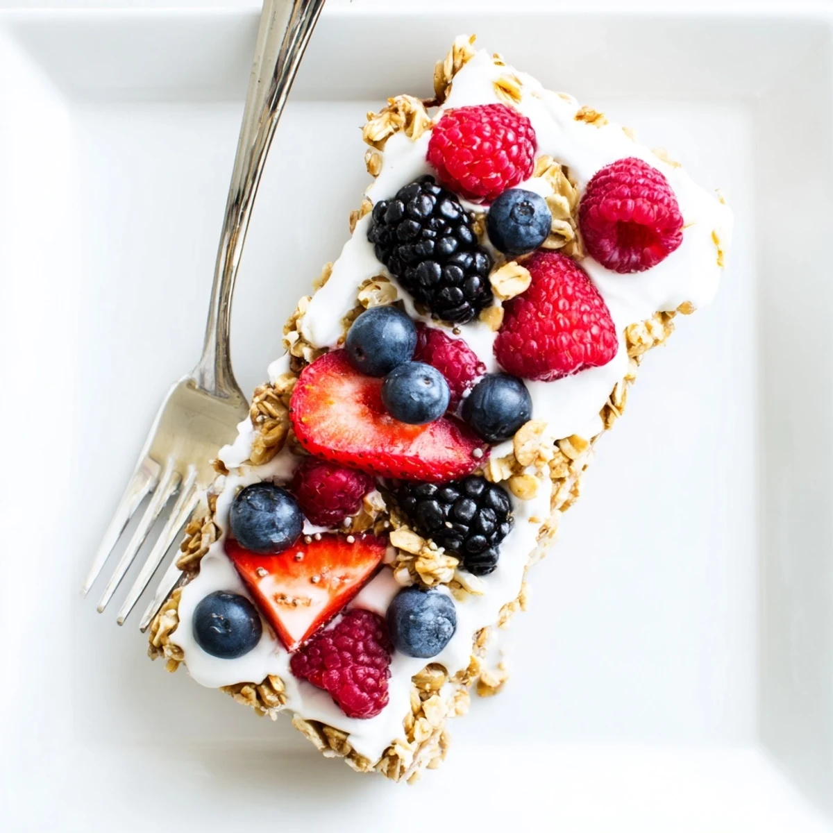 Healthy no bake frozen yogurt berry granola bars with creamy yogurt layer and fresh fruit topping