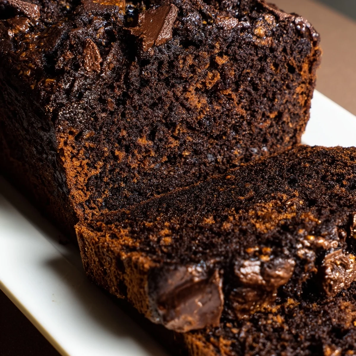 Sliced chocolate espresso banana bread showing melted chocolate chips and moist dark crumb on a wooden cutting board