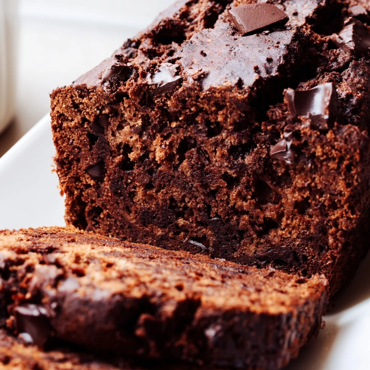 Warm slice of chocolate espresso banana bread served with butter and coffee on a rustic plate