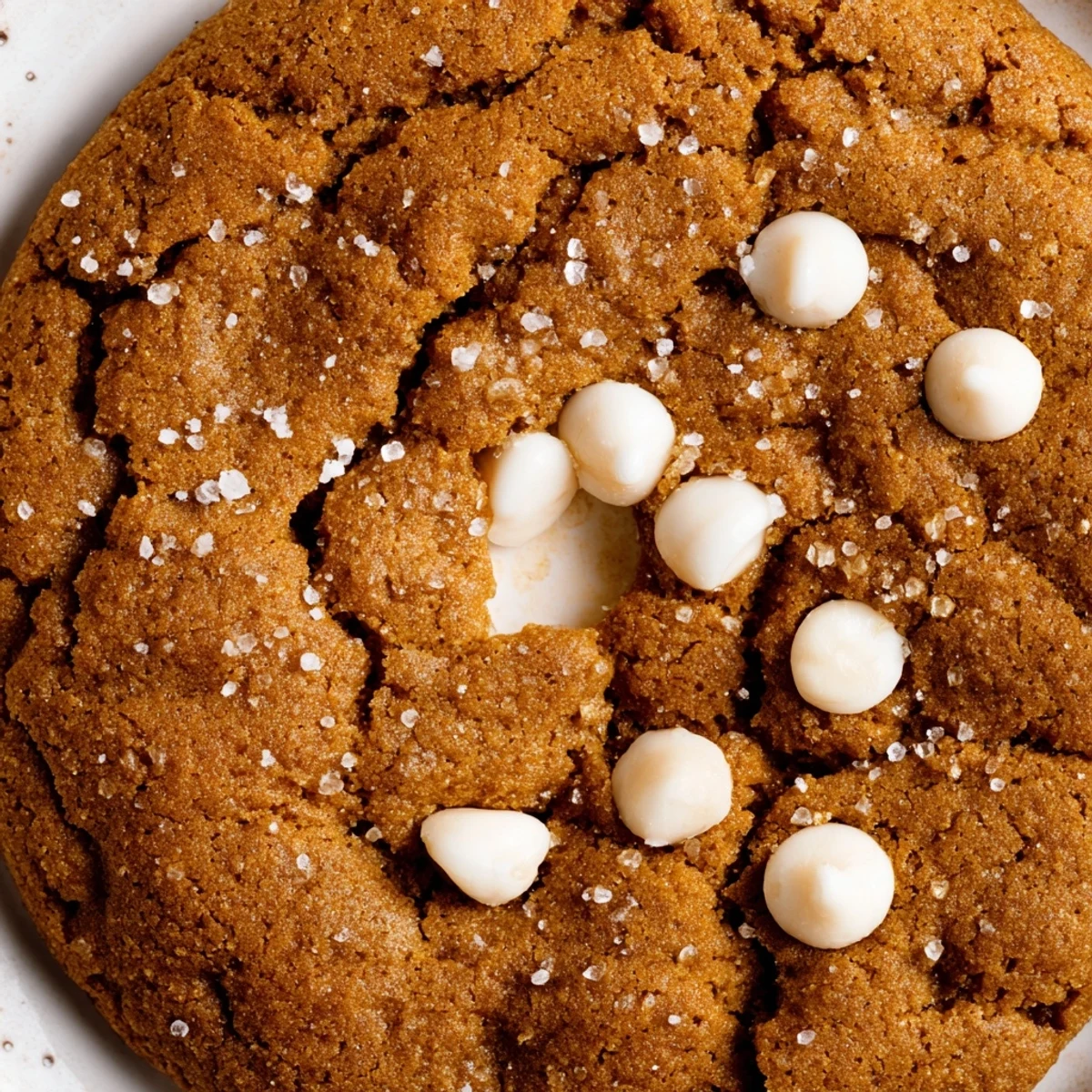 Soft bakery-style gingerbread white chocolate cookies with creamy chips and crackled sugar coating