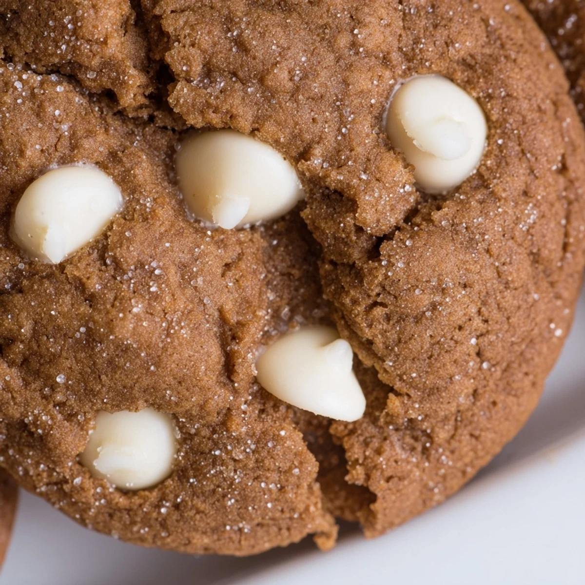 Plate of warm spiced gingerbread white chocolate cookies with melty chocolate chip centers