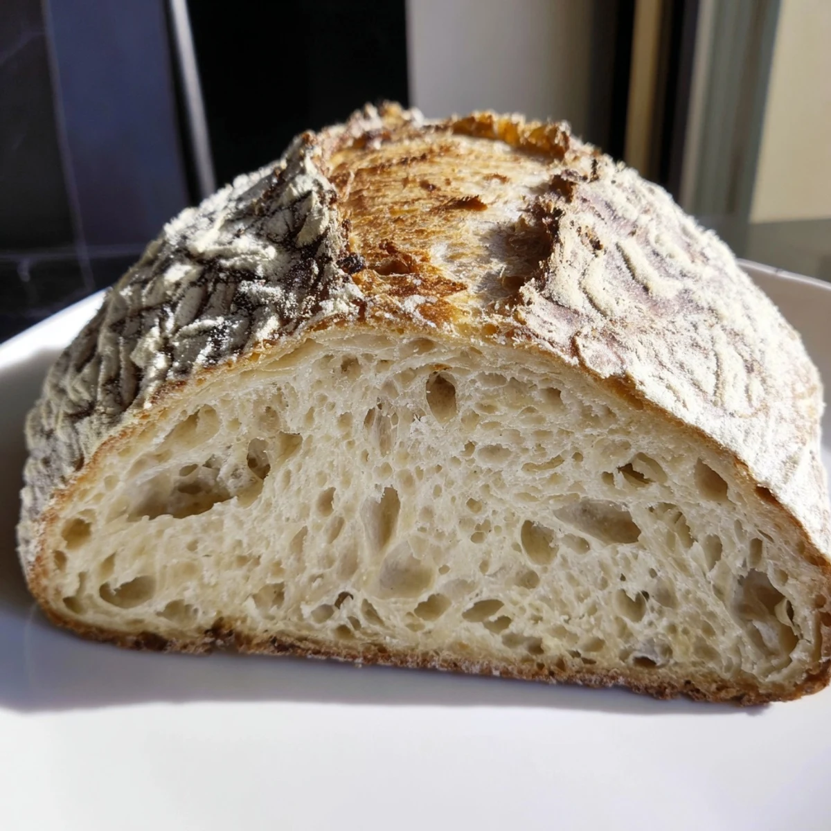 Freshly baked sourdough bread cooling on wire rack with artisanal scoring pattern
