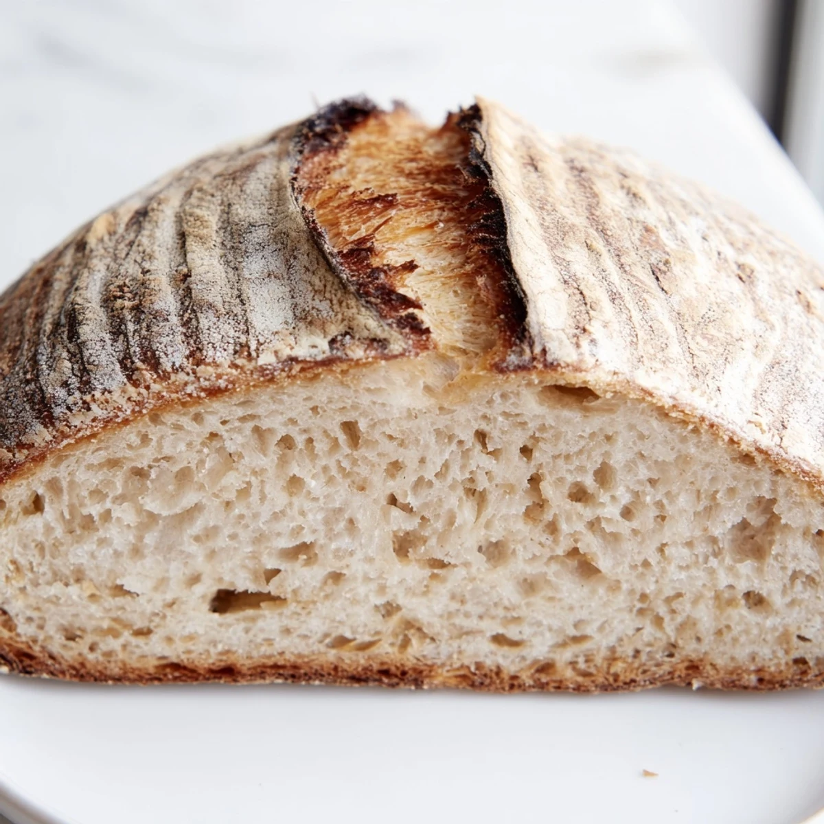 Golden brown sourdough bread loaf with crisp crust and airy crumb structure
