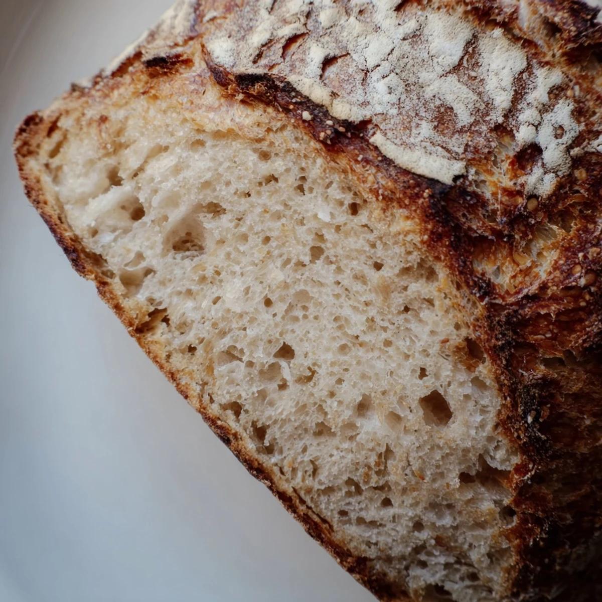 Rustic sourdough bread slice revealing chewy interior and golden toasted crust edge