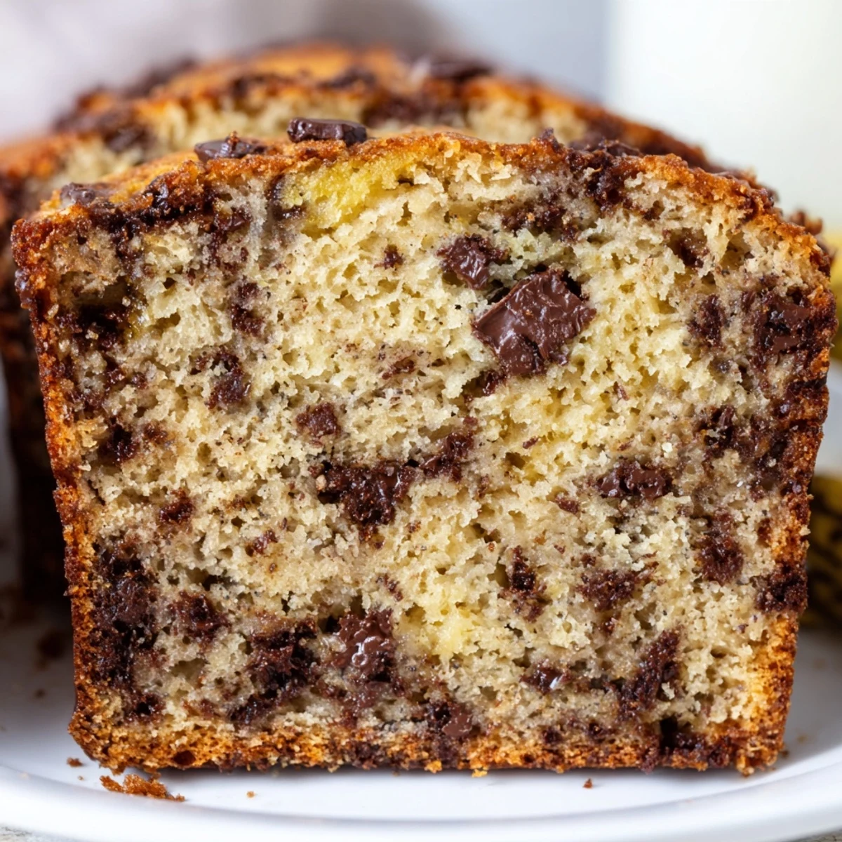 Golden loaf of moist chocolate chip banana bread studded with melty chocolate chips on a wooden board