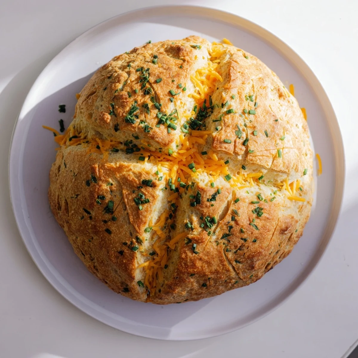 Rustic round soda bread baked until golden with sharp cheddar and fresh herbs, served warm on a wooden board