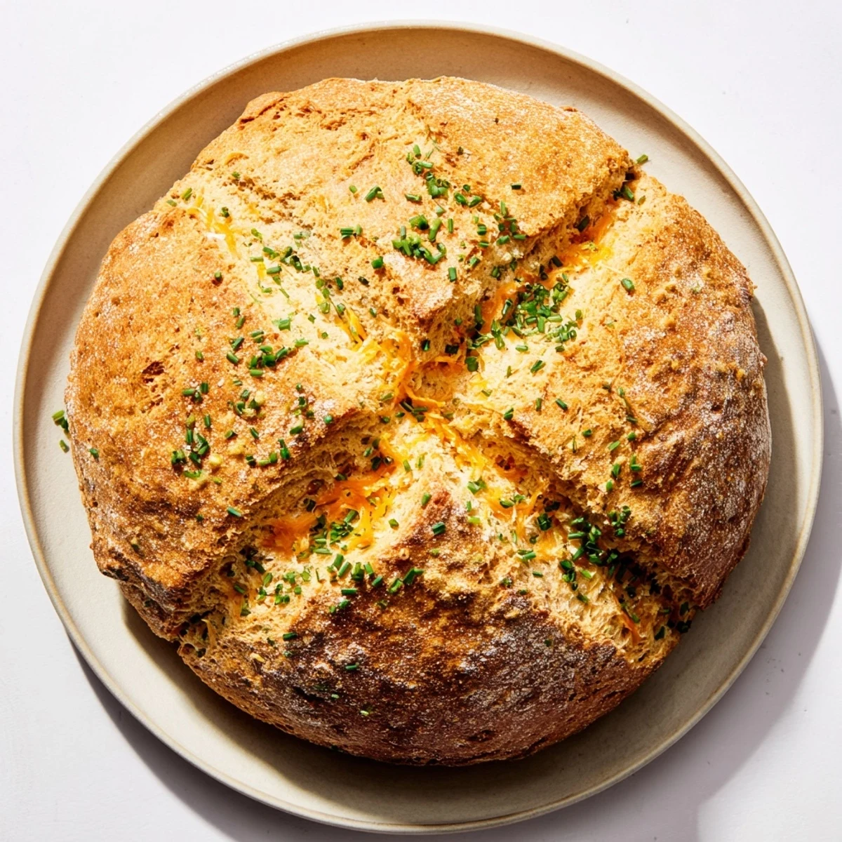 Golden cheddar and herb soda bread loaf sliced to reveal melty cheese pockets and vibrant green herbs throughout