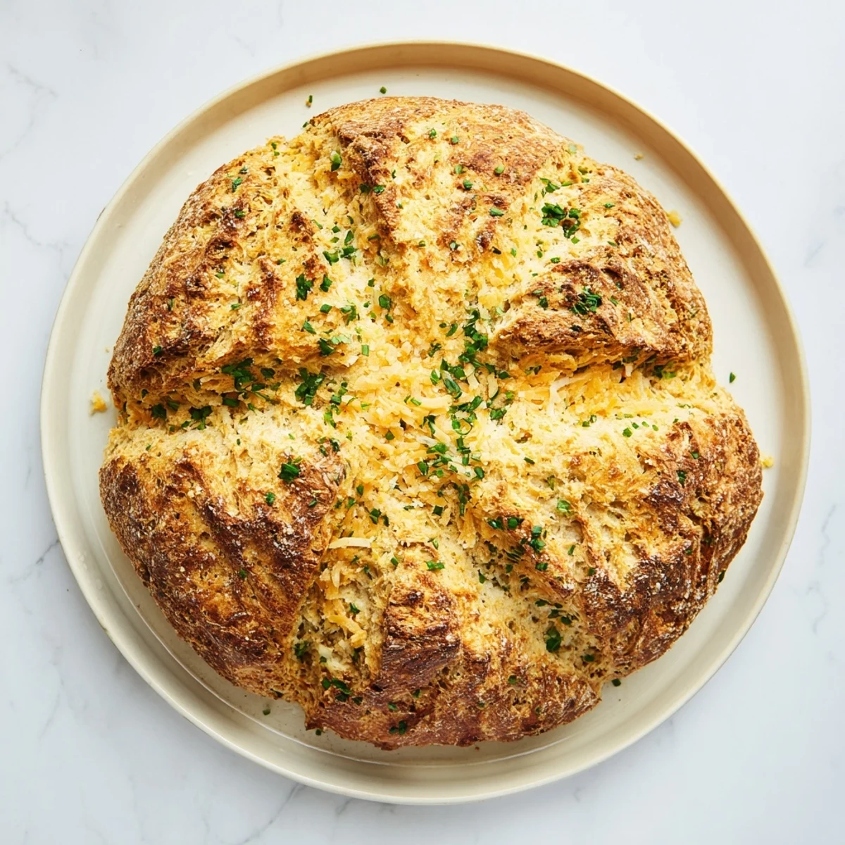 Savory cheddar and herb soda bread with a deep cross cut, brushed with butter and ready for slicing