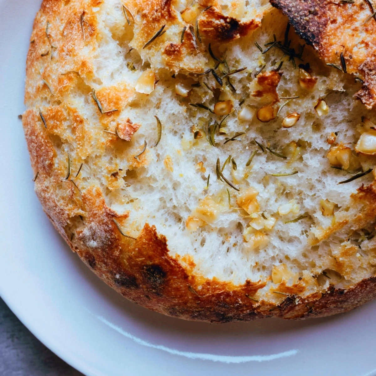 Rustic Dutch oven garlic rosemary bread with golden crust and soft interior