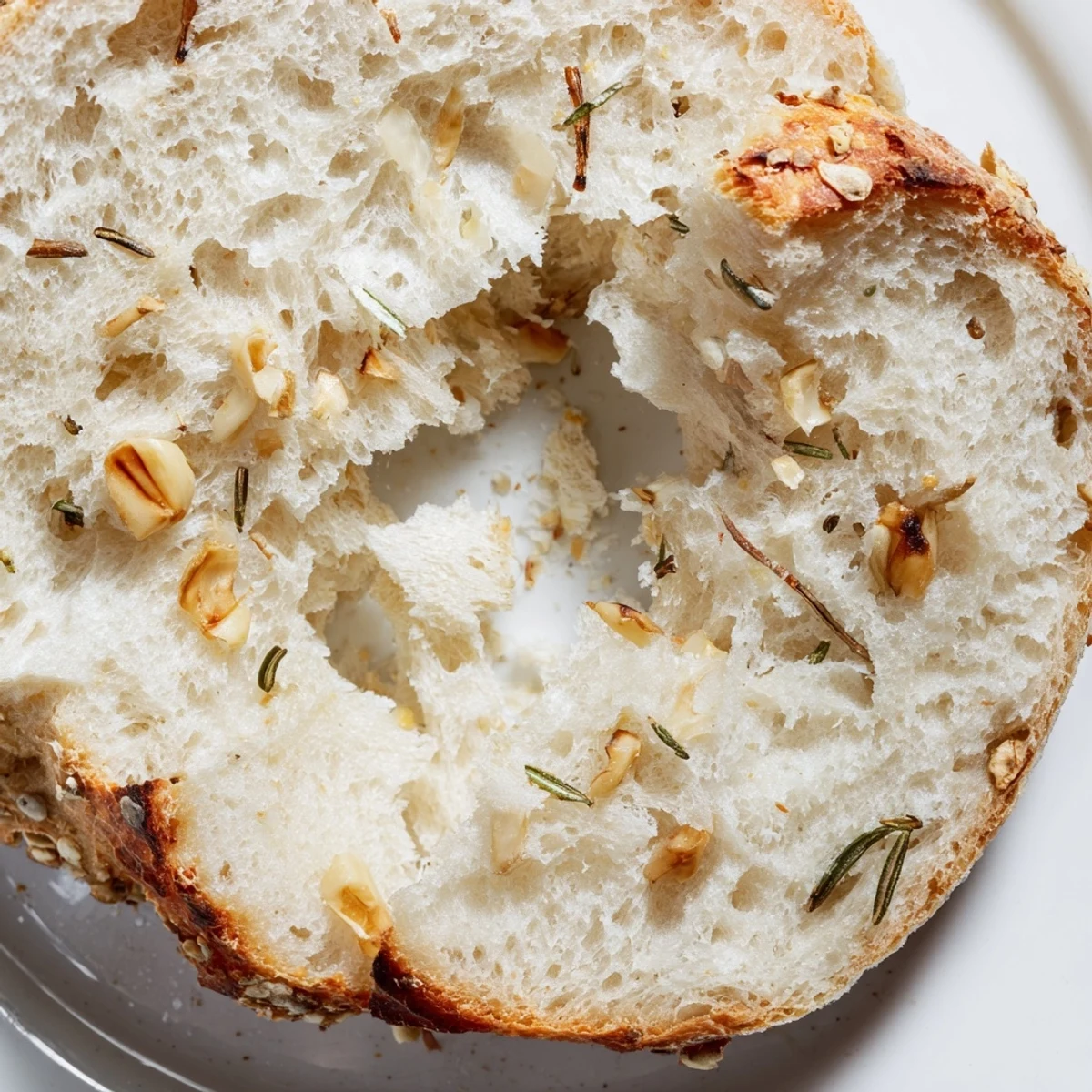 Sliced warm Dutch oven garlic rosemary bread revealing soft aromatic interior
