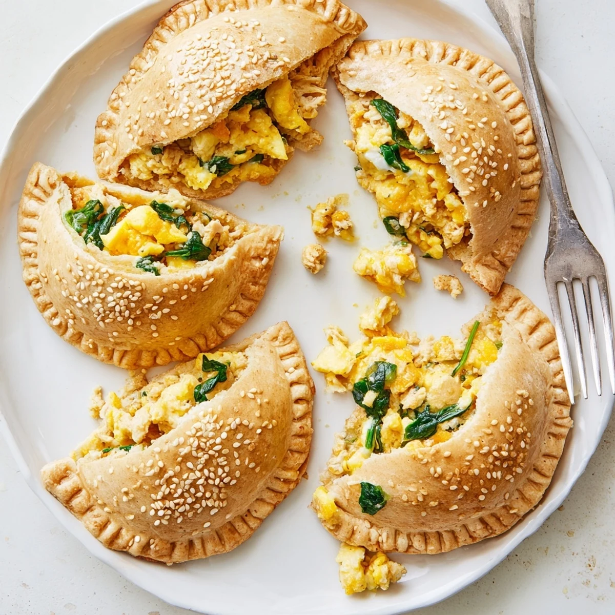 Golden brown high protein breakfast hot pockets with egg and cheese filling oozing out