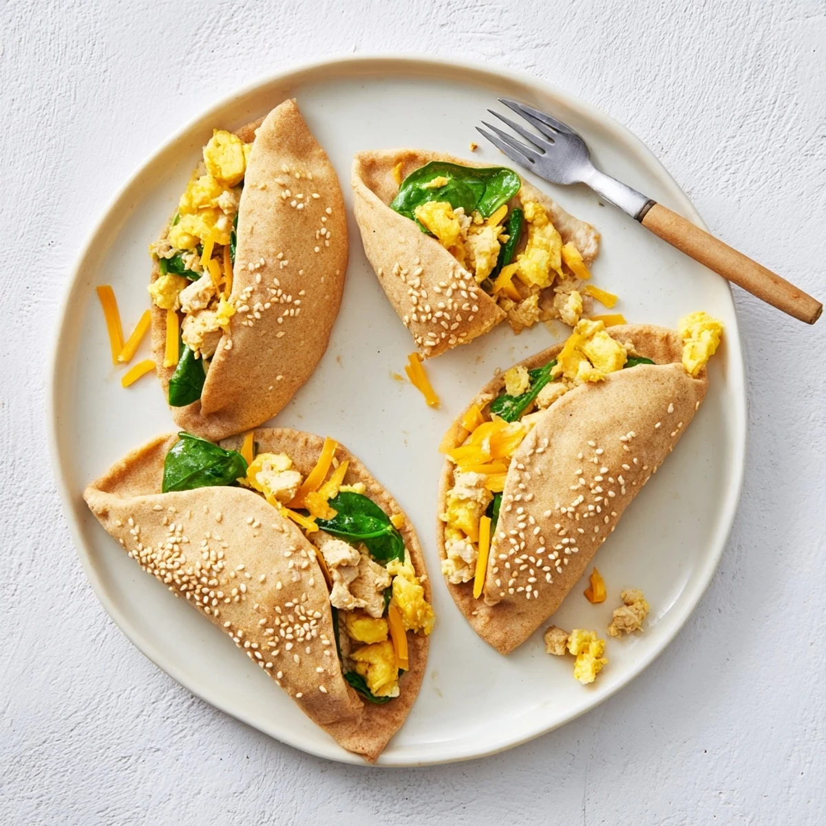 Baked high protein breakfast hot pockets sprinkled with sesame seeds on parchment lined pan