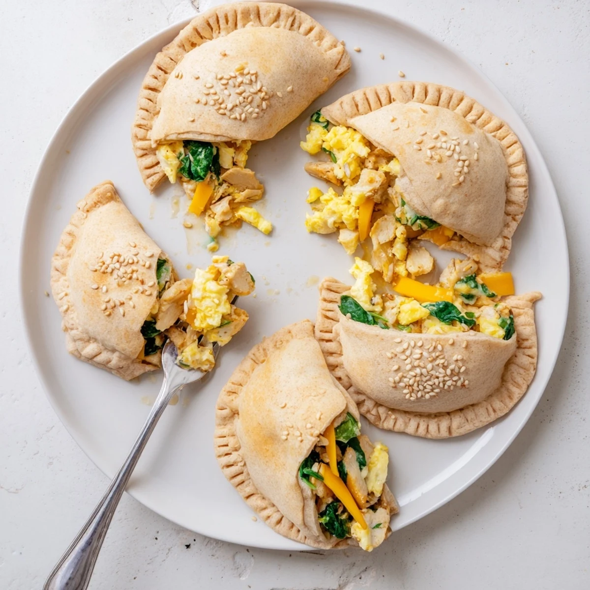 Handheld high protein breakfast hot pockets featuring fluffy whole wheat dough stuffed with scrambled eggs turkey and spinach