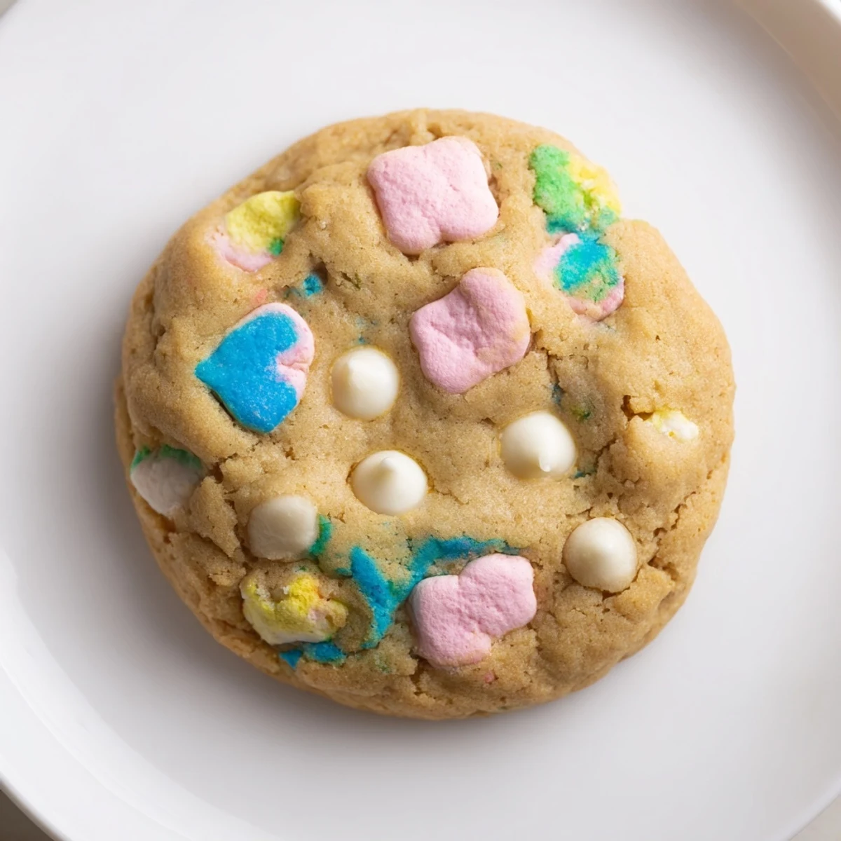 Soft baked Lucky Charms cookies studded with colorful pink and green marshmallows on a white plate