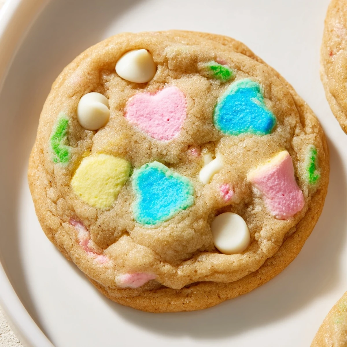 Freshly baked Lucky Charms cookies with rainbow marshmallow bits peeking through golden brown edges