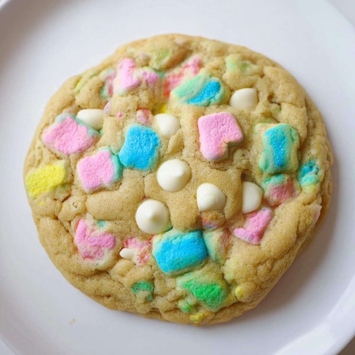 Stack of chewy Lucky Charms cookies topped with floating colorful cereal marshmallows for a whimsical dessert