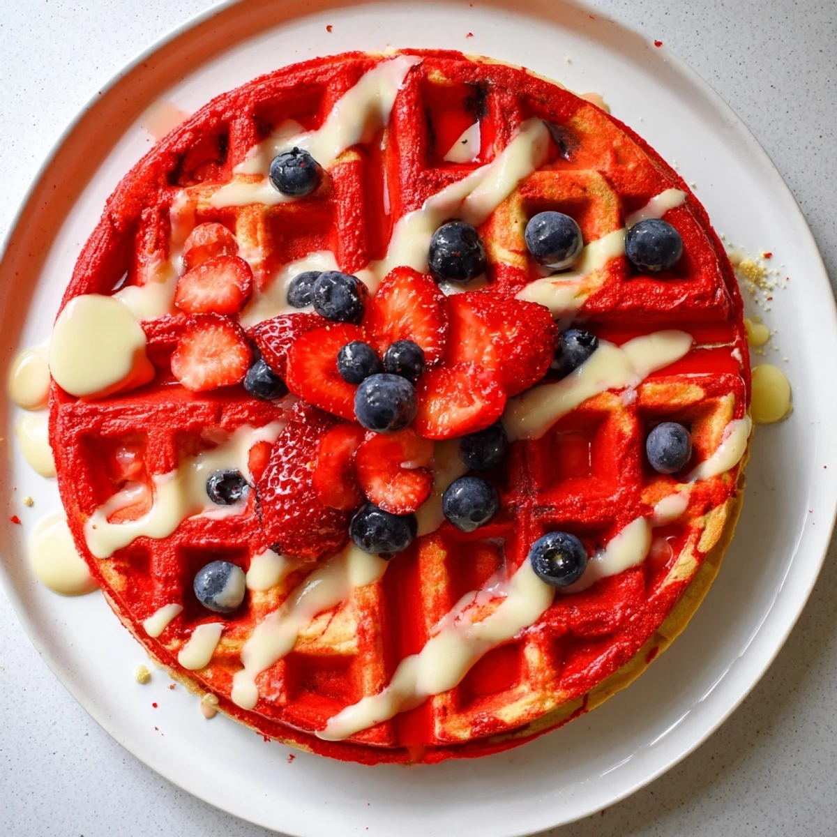 Golden red velvet marble waffles swirled with vanilla batter on a white plate