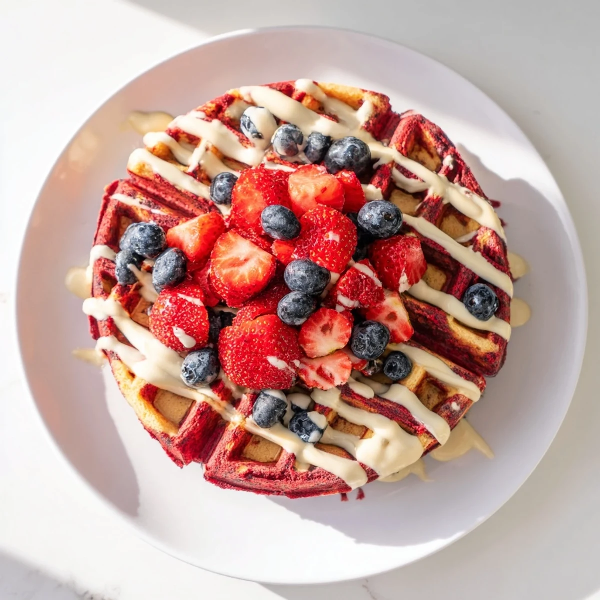 Stack of crispy marbled red and vanilla waffles drizzled with cream cheese glaze