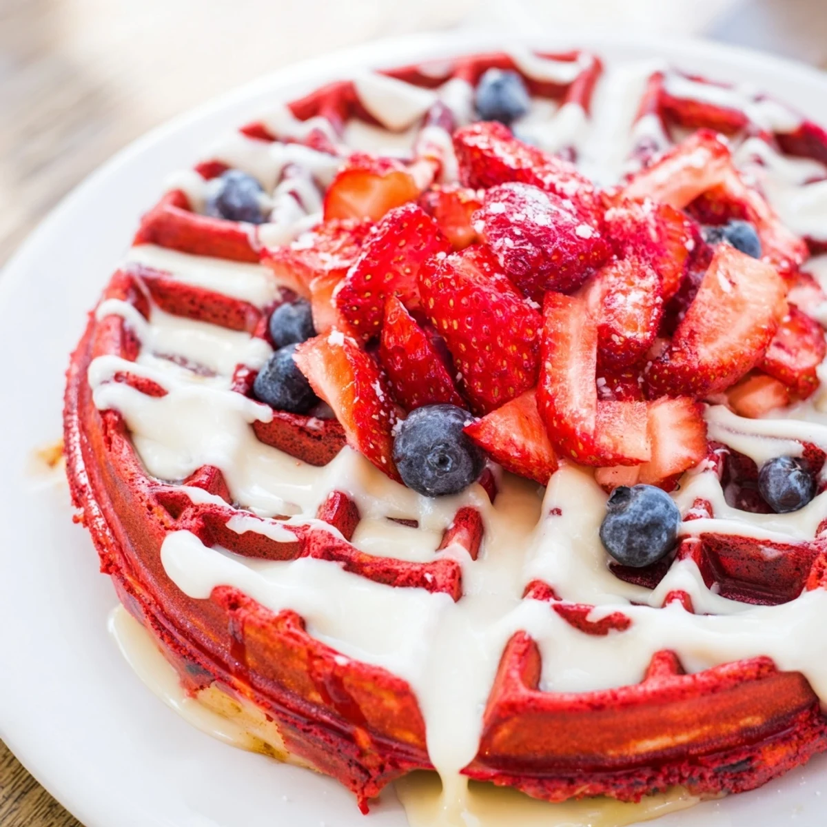 Fluffy breakfast waffles featuring beautiful red swirls against light vanilla batter