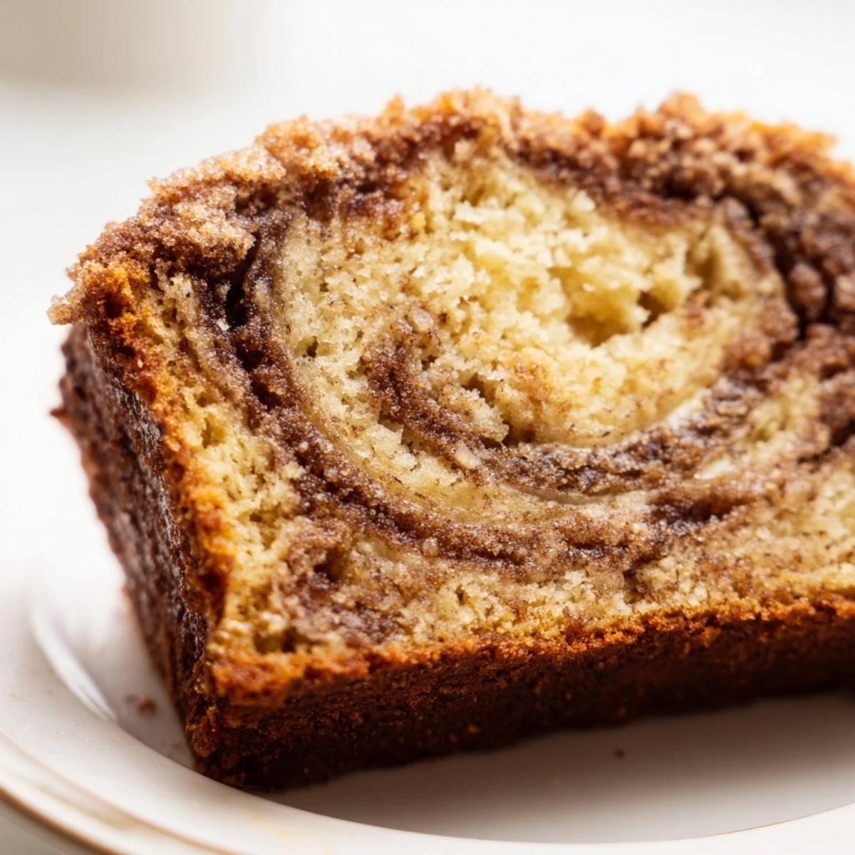 Moist cinnamon sugar swirl banana bread sliced thick on a rustic wooden cutting board