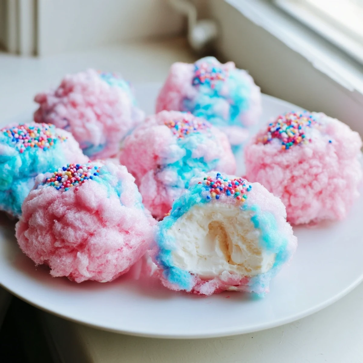 Mini Cotton Candy Cheesecake Puff Balls with pastel pink fluffy coating and creamy centers on a white serving plate