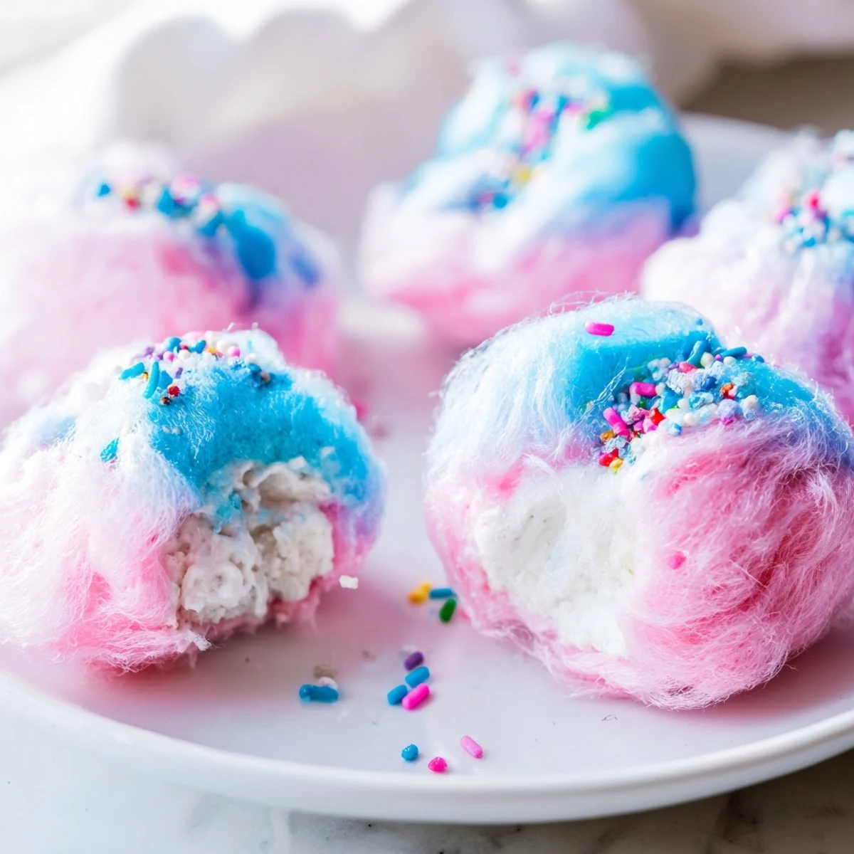 Creamy Mini Cotton Candy Cheesecake Puff Balls topped with colorful sprinkles for a whimsical party dessert display