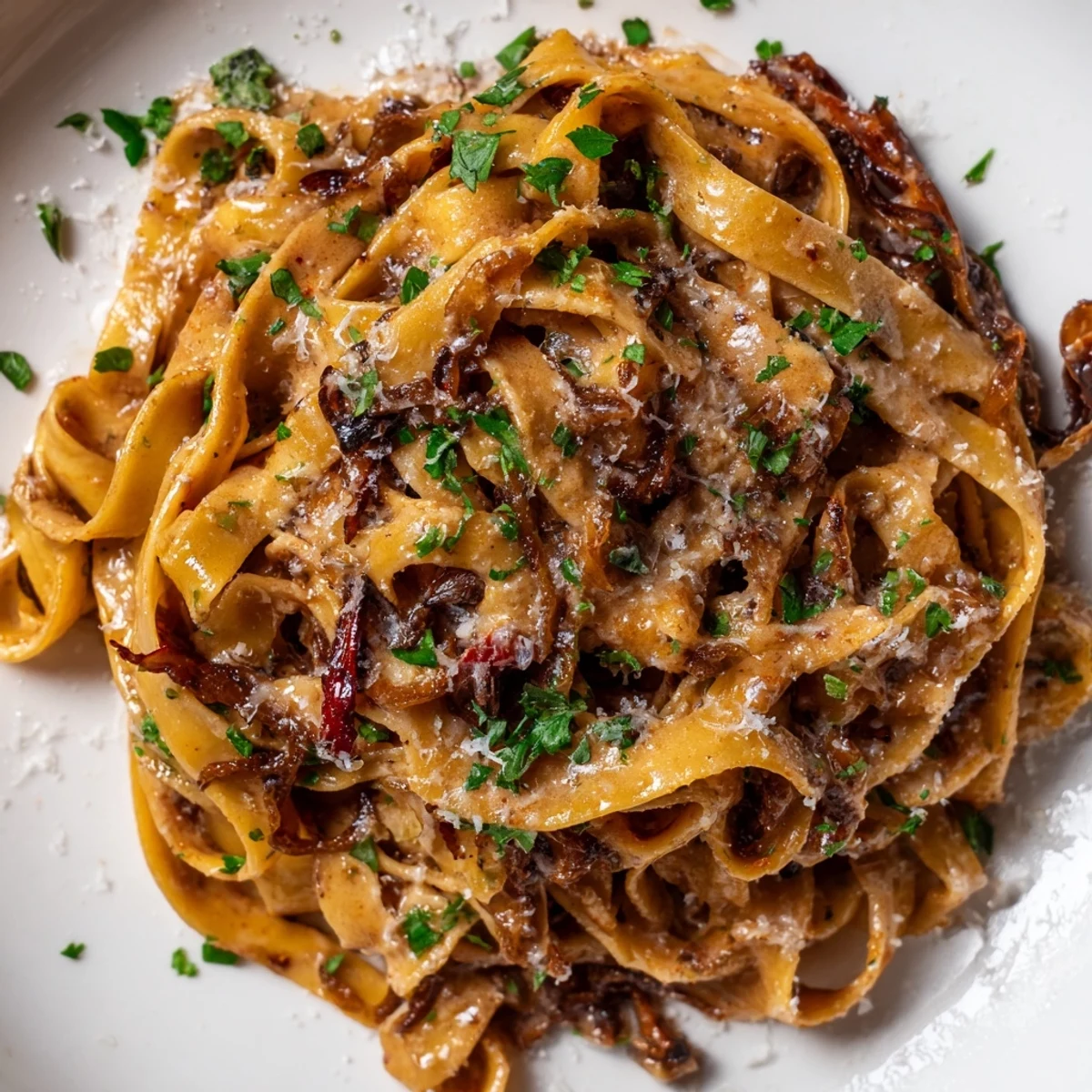 Creamy Sweet Heat Caramelized Onion Fettuccine topped with fresh parsley and Parmesan cheese