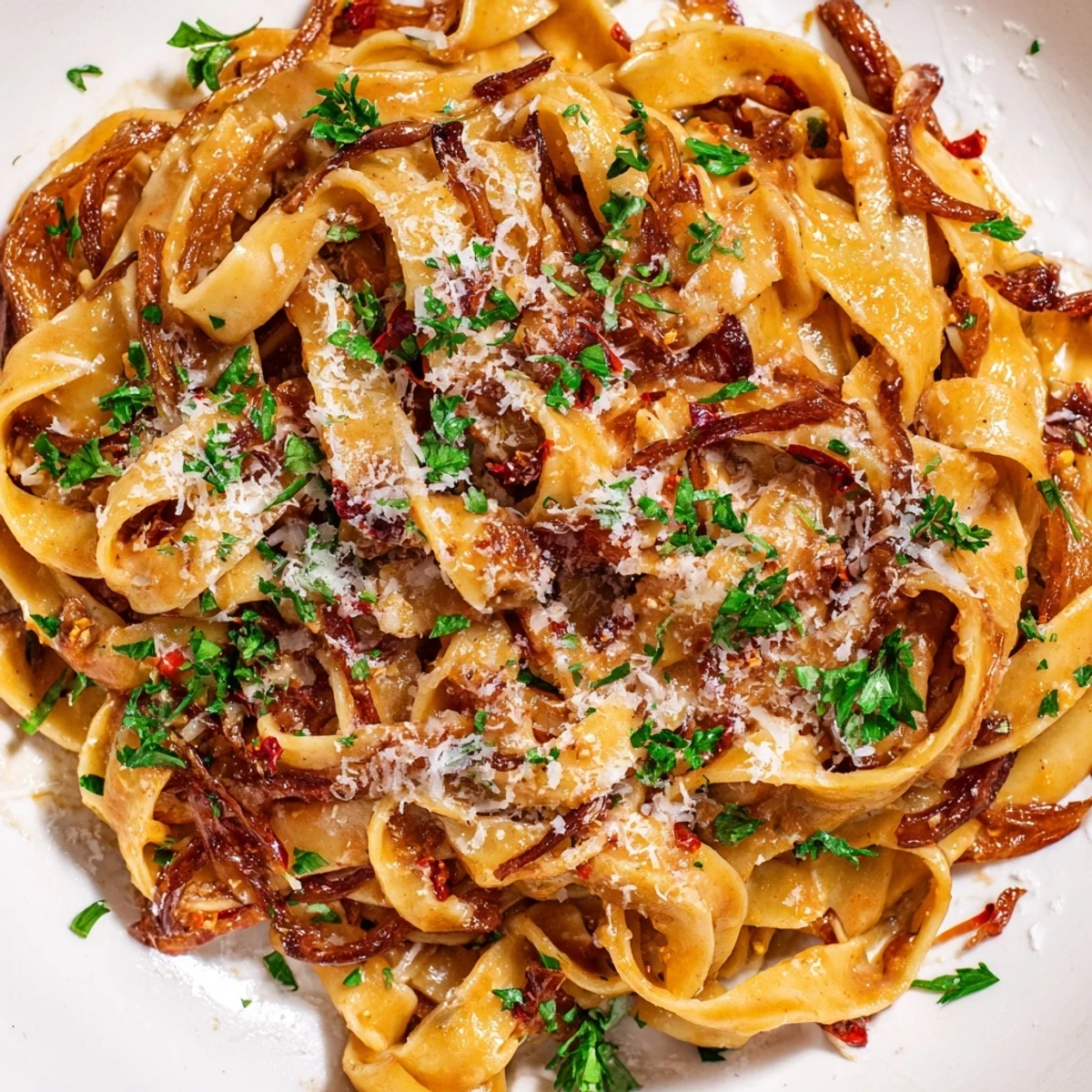 Golden caramelized onions coat Sweet Heat Caramelized Onion Fettuccine in a creamy, spicy sauce