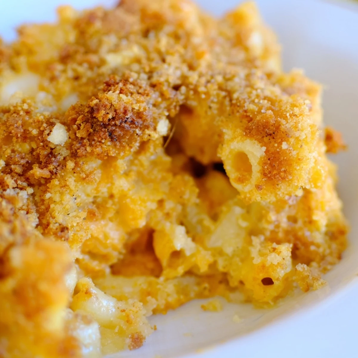 Creamy three cheese baked macaroni with golden crispy panko topping in baking dish