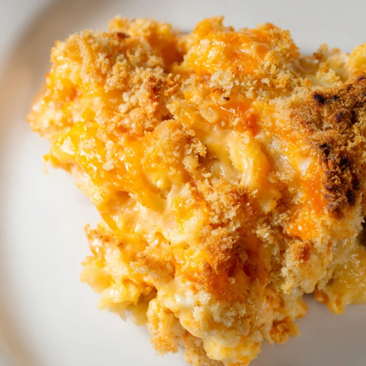 Bubbling three cheese baked macaroni served in white bowl with melted cheese