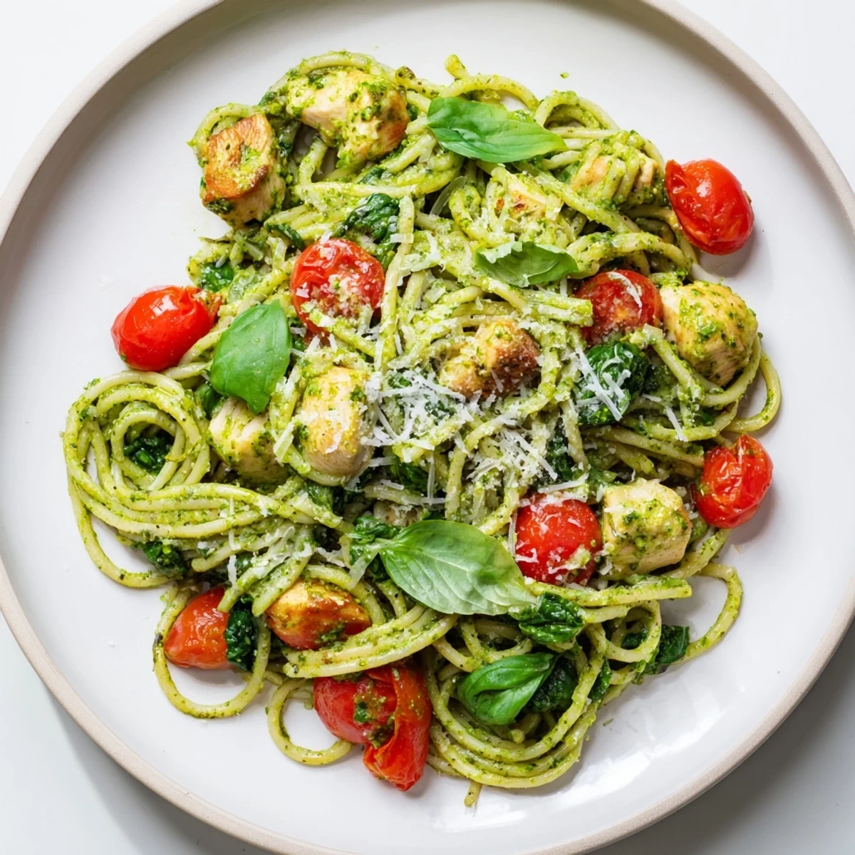 Creamy pesto pasta with chicken topped with fresh basil and grated Parmesan cheese