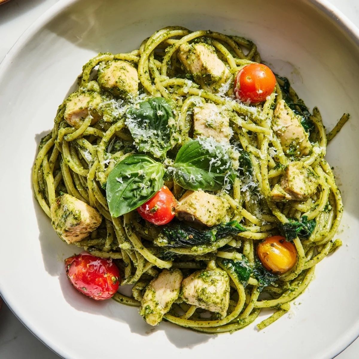 Pesto pasta with chicken served in a white bowl with bright green herb sauce