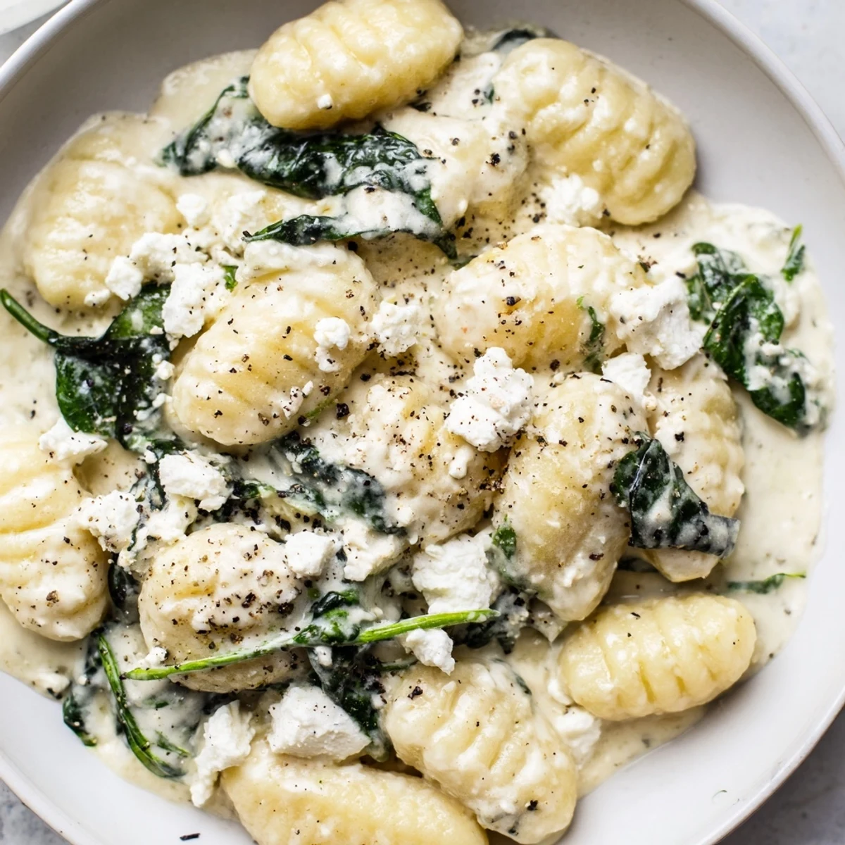 Creamy gnocchi with spinach and feta topped with crumbled cheese in white sauce